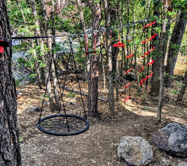 A forested area with a rope swing, a tire swing, and a climbing structure. - New! Sandia Circle Retreat -Central to Flagstaff, Sedona and Snowbowl (Munds Park)