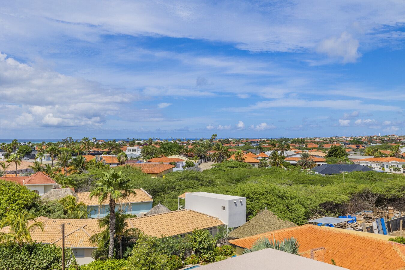 Un barrio residencial con casas, palmeras y cielo despejado.