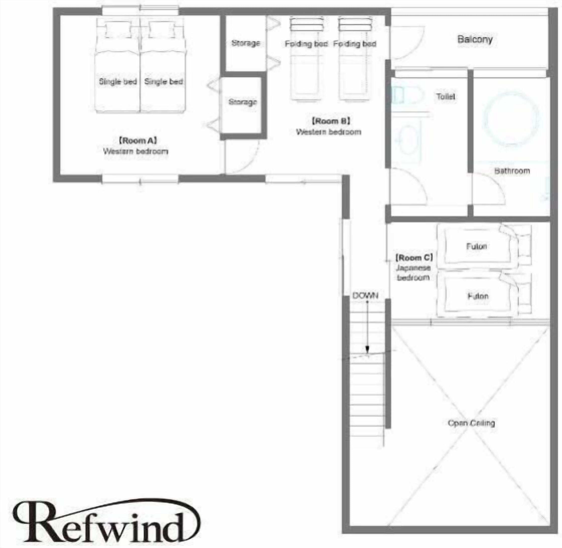 Un plan d’étage comprenant une chambre de style occidental, un espace de rangement, un balcon, une chambre de style japonais et un plafond ouvert.