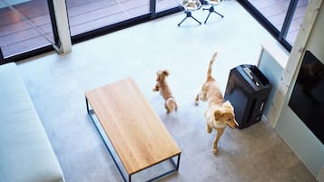Vila superluxo, 3 quartos, aceita animais de estimação, vista para a montanha | Área de estar | TV LCD 65 polegadas com canais digitais