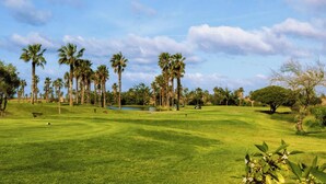 Un campo de golf con un estanque, palmeras y cielo despejado.