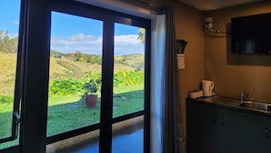 A room with a large sliding glass door leading to a garden, a kitchen area with a sink and cabinets, and a flat-screen TV mounted on the wall.