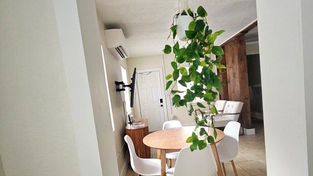 A dining area with a round table and white chairs, a hanging plant, and a white ceiling. - Charming  Studio Apartment 1 in Fort Lauderdale.  (Fort Lauderdale)