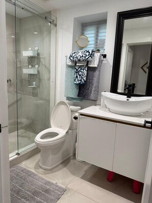 Haartrockner, Handtücher, Seife, Toilettenpapier