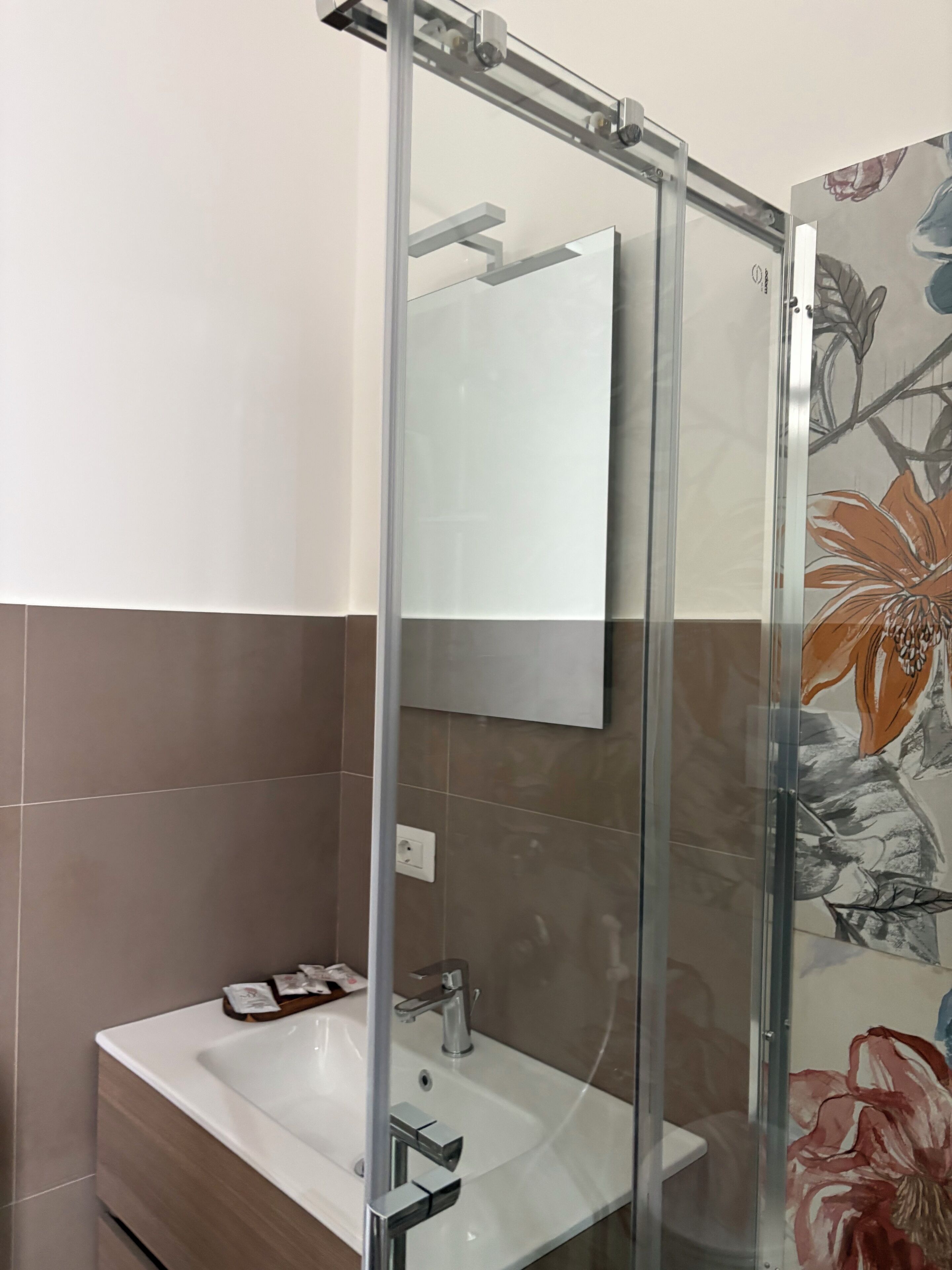 Une salle de bain avec une douche à parois de verre, un lavabo blanc et un miroir.