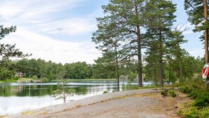 Un sendero junto al lago con borde de hormigón, rodeado de árboles y un edificio rojo a lo lejos.