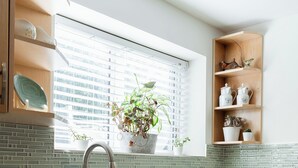 Una cocina moderna con un lavamanos, un tostador y una planta en maceta.