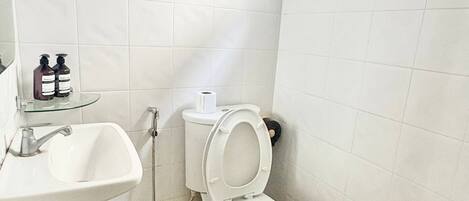 A small bathroom with a white sink, toilet, and shower.