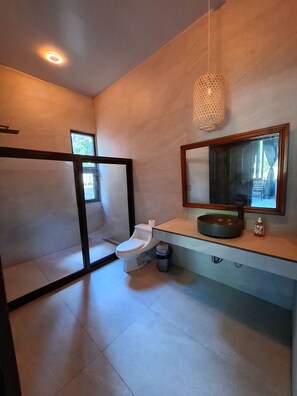 Regadera, toallas, jabón, papel de baño