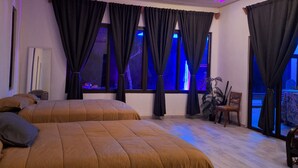 Habitación de hotel con dos camas, ventanas amplias con cortinas, una planta y una silla.