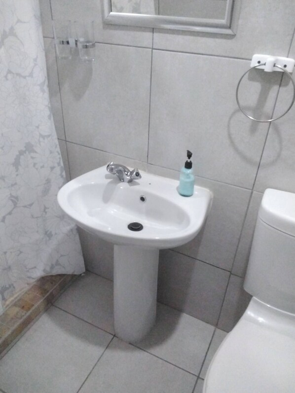 A bathroom with a pedestal sink, a toilet, and a towel ring on the wall.