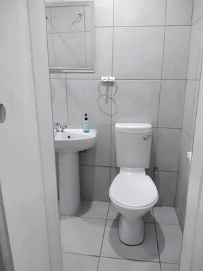 A small, white bathroom with a toilet, a sink, and a mirror. - AdventureCapeTown offers Private Room with Pool Access (Cape Town)