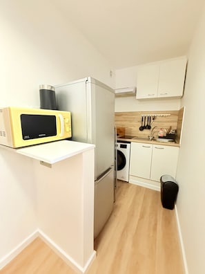 Une cuisine compacte équipée d’un four à micro-ondes, d’un réfrigérateur et d’un lave-linge.
