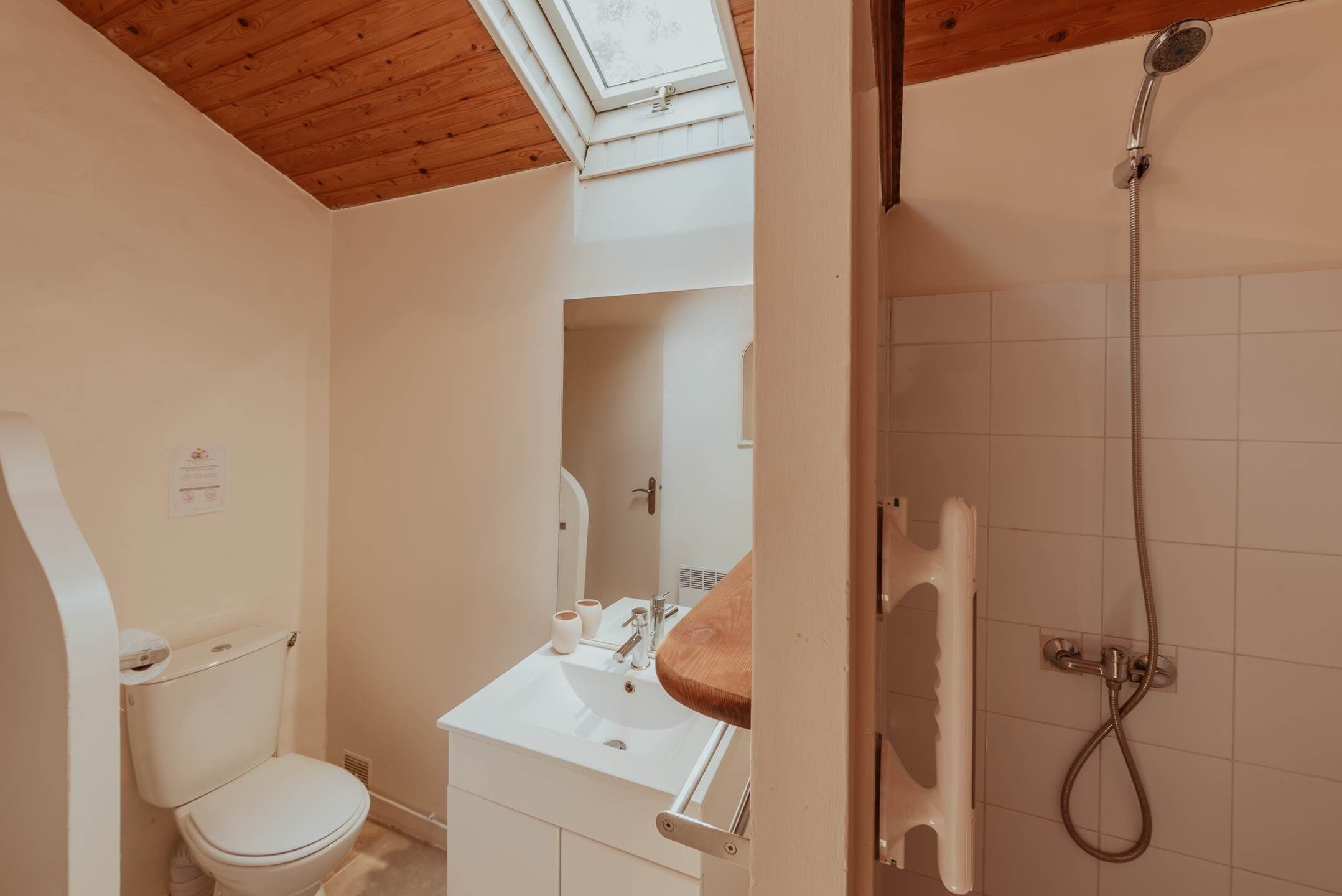 Une salle de bain avec des toilettes, un lavabo et une douche.