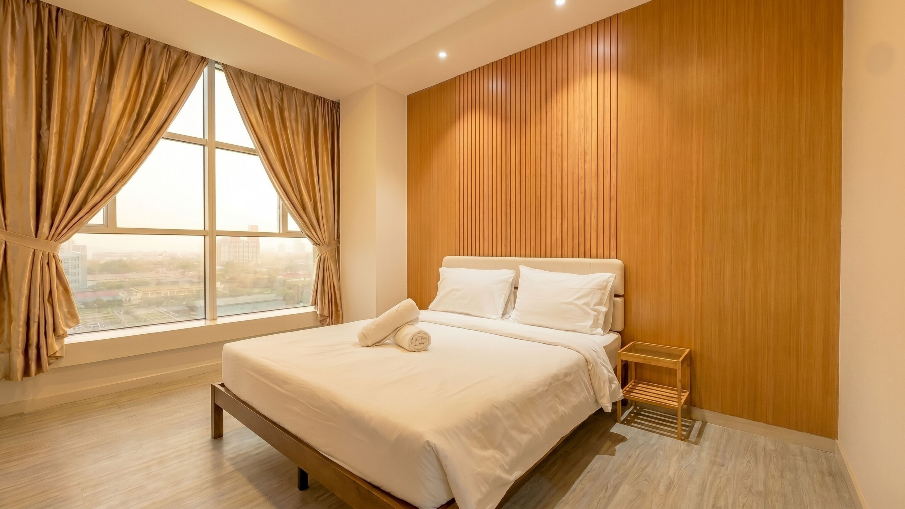 Una camera da letto con un letto, una parete in legno, una finestra con tende e un comodino.