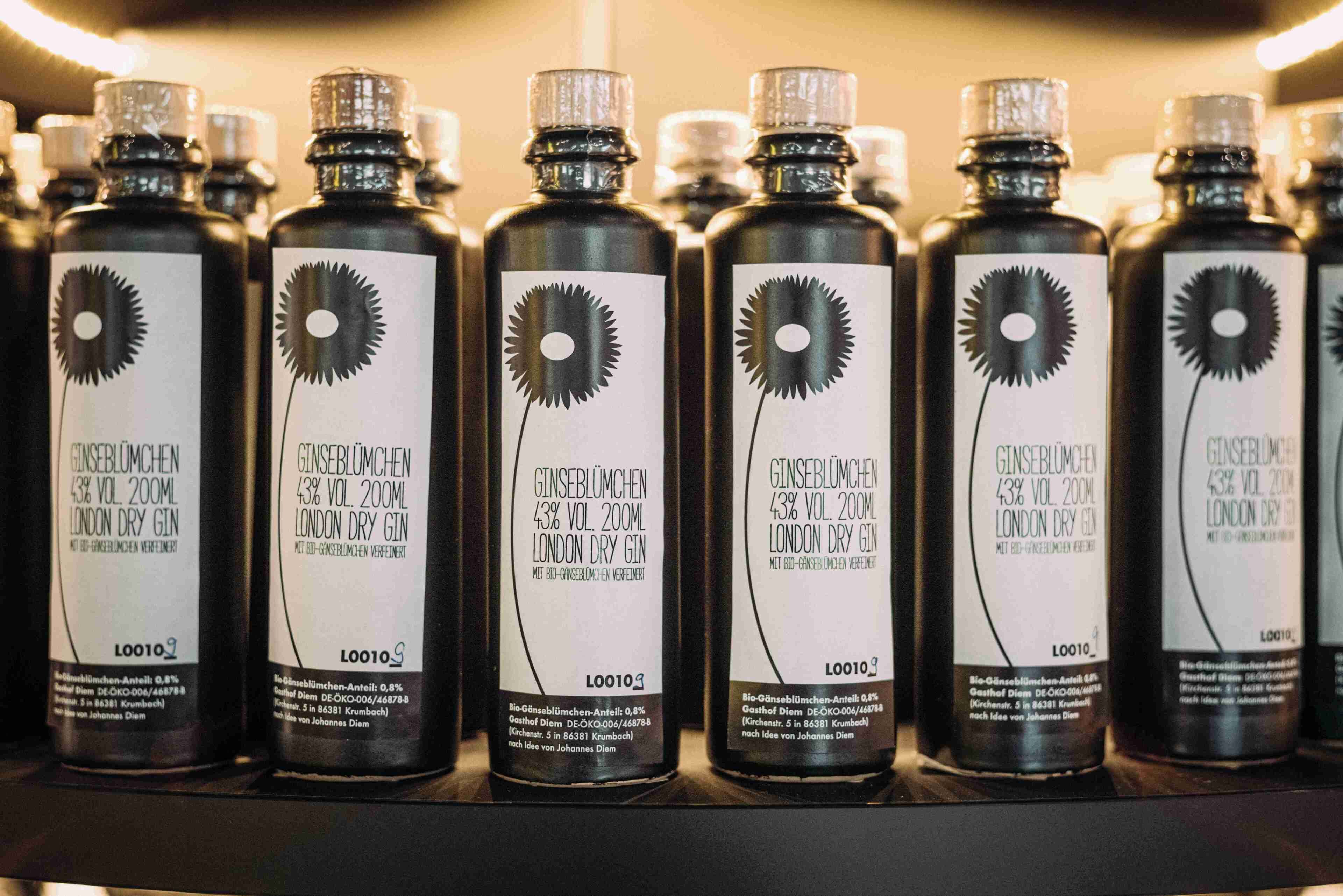 A row of bottles with labels, each containing text and a circular design element.