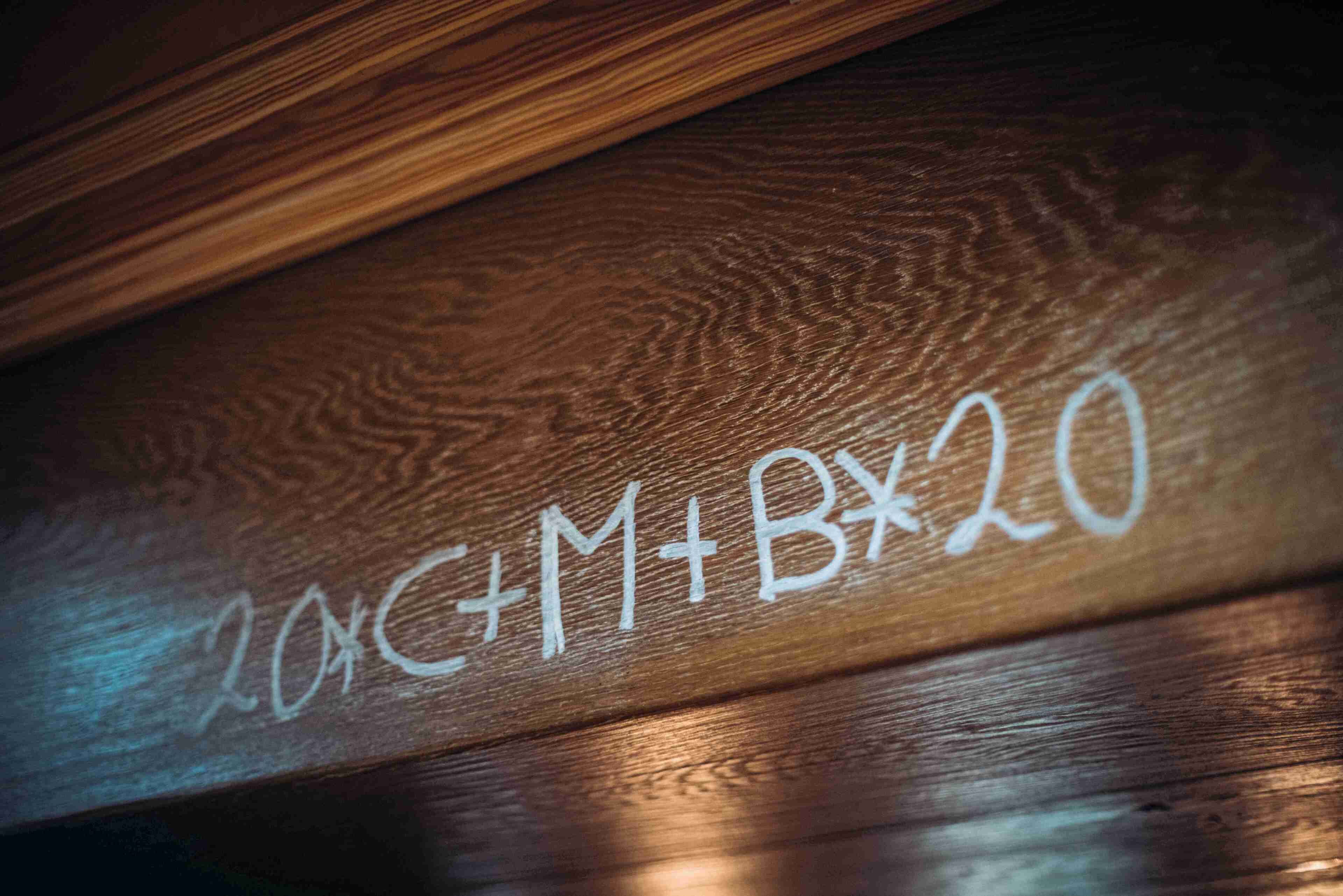A wooden surface with mathematical equations written on it.
