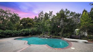 Piscina com borda curva, rodeada por um espaço pavimentado e diversas árvores.