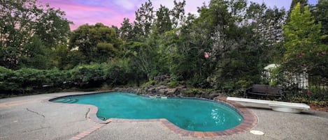 Une piscine à bord incurvé, entourée d’une zone pavée et de différentes espèces d’arbres.