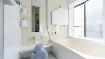 Shower, hair dryer, shampoo