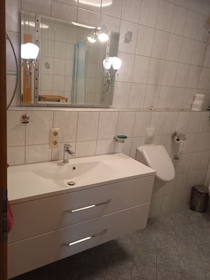 Dusche, Haartrockner, HandtĂŒcher, Toilettenpapier