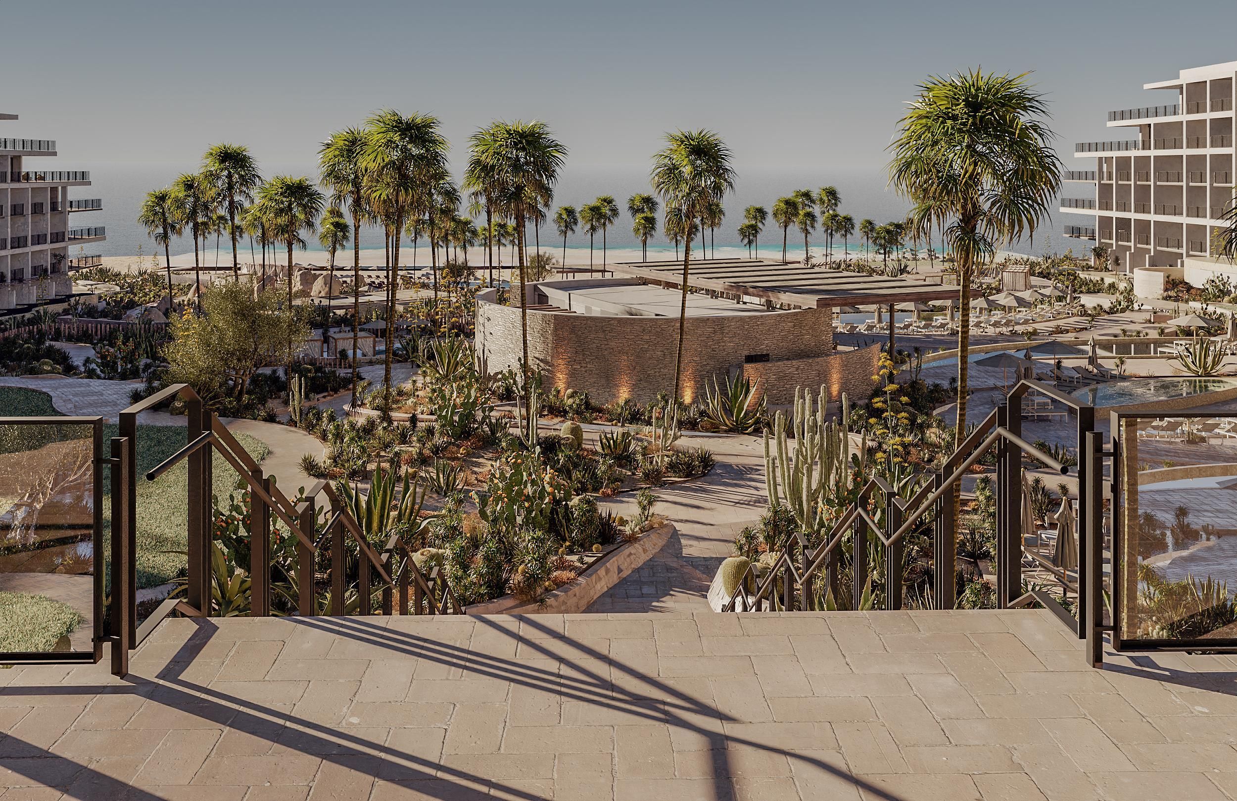 Un resort con palmeras, piscina y vista al mar.