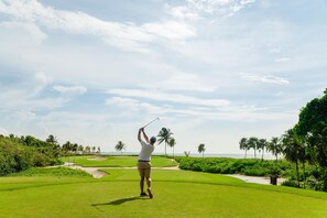 A golf course with a clear sky, palm trees, and a view of the ocean. - Grand Hyatt Los Cabos Resort, Golf & Spa, All-Inclusive (Cabo San Lucas)