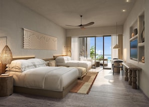 Een moderne hotelkamer met twee bedden, een plafondventilator, een groot raam met uitzicht en een flatscreen-tv.