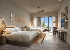 Une chambre d’hôtel moderne dotée de deux lits, d’un ventilateur de plafond, d’une grande fenêtre offrant une vue agréable et d’un téléviseur à écran plat.