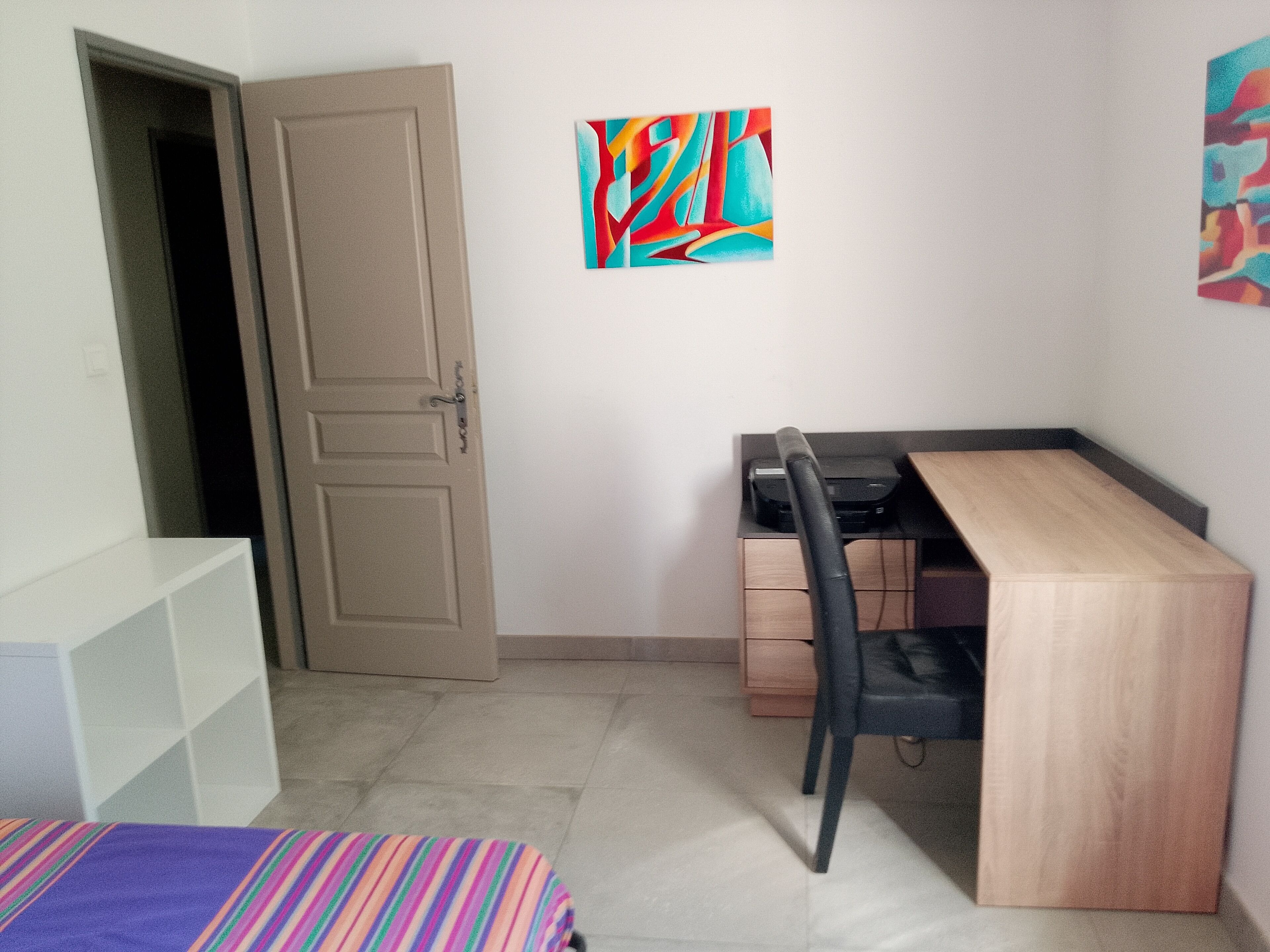 A room with a bed, a desk, a chair, a door, and two abstract paintings on the wall.
