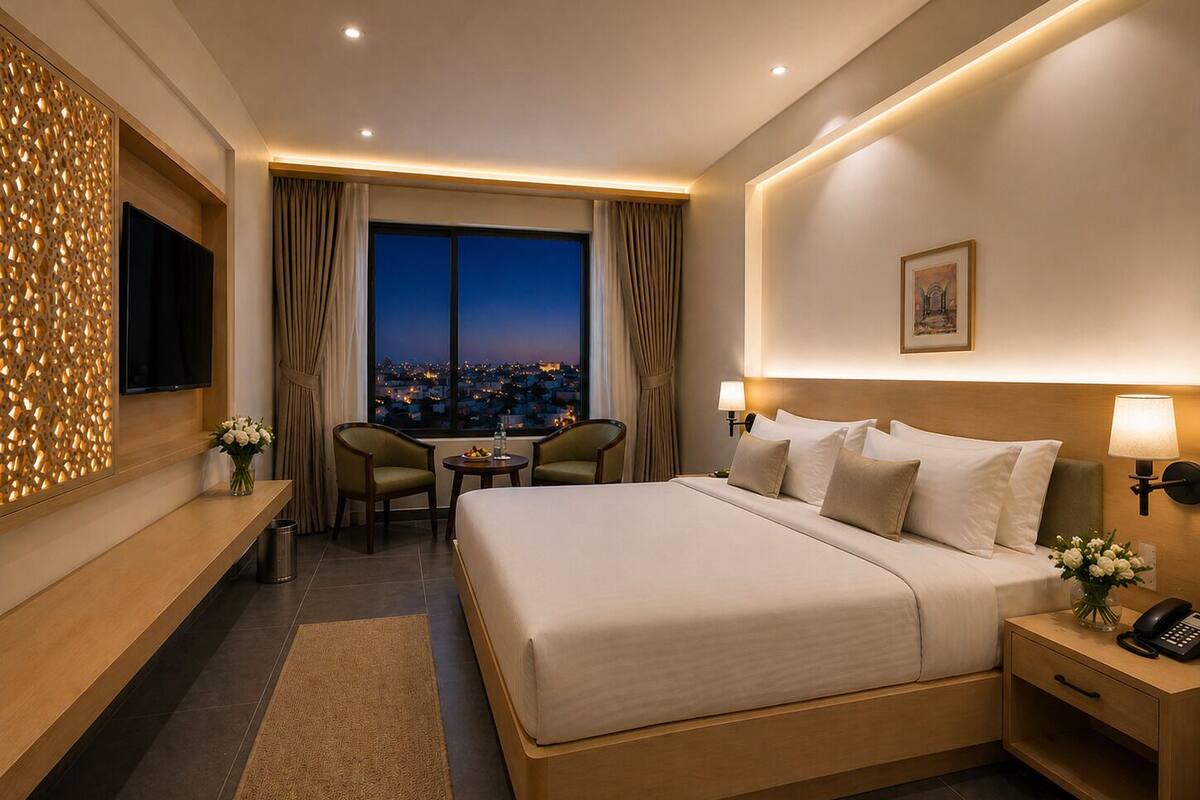 Une chambre d’hôtel avec un lit, une table de chevet, une lampe et une vue sur le paysage urbain au crépuscule.
