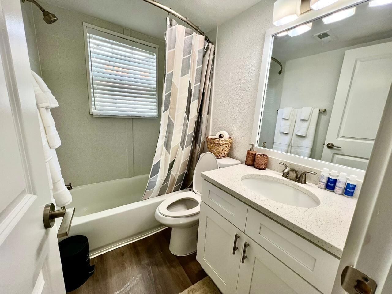 Hair dryer, towels, soap, toilet paper