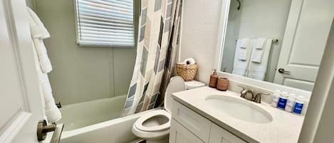 Hair dryer, towels, soap, toilet paper