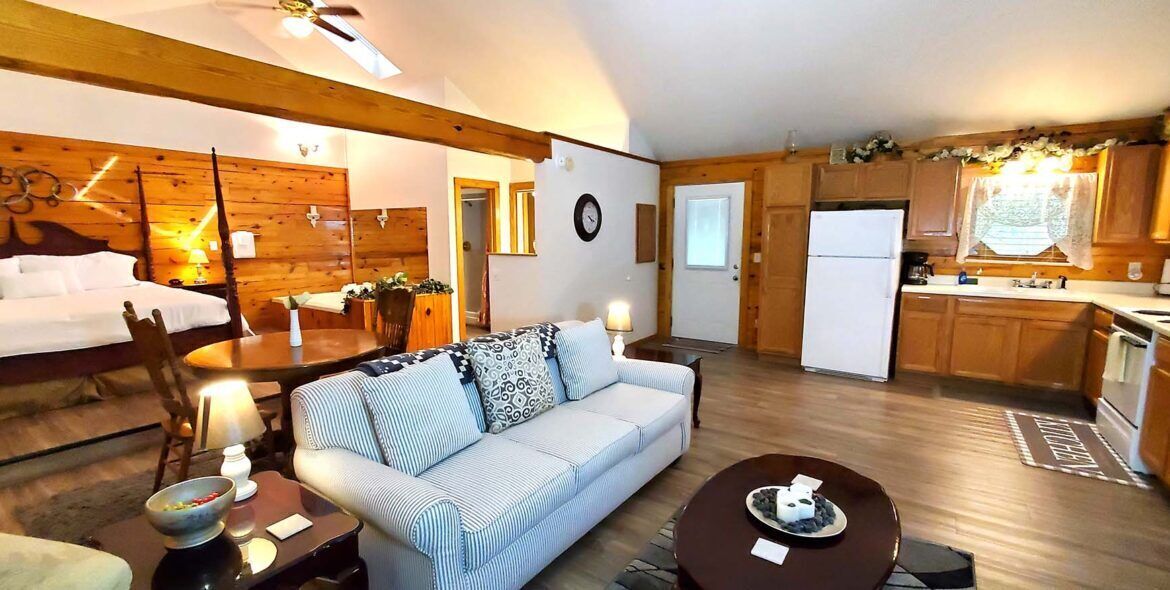 A cozy room with a bed, a sofa, a dining table, and a kitchen area.
