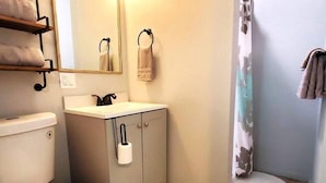 A bathroom with a toilet, sink, and mirror. There are towels hanging on a rack and a shower curtain. - Secluded Farm House at Wisteria (Eureka Springs)