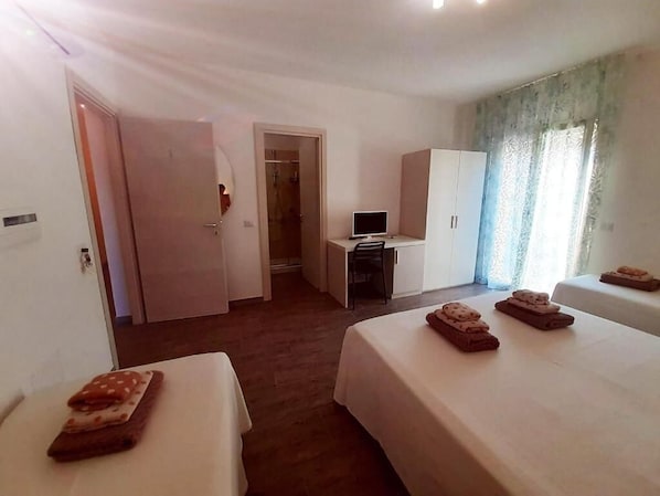 Habitación de hotel con dos camas, un escritorio, un armario y zona de ducha.