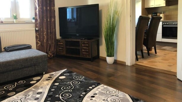 Una sala de estar con televisor de pantalla plana, un sofá, un tapete estampado, una planta en maceta y vista a la cocina.