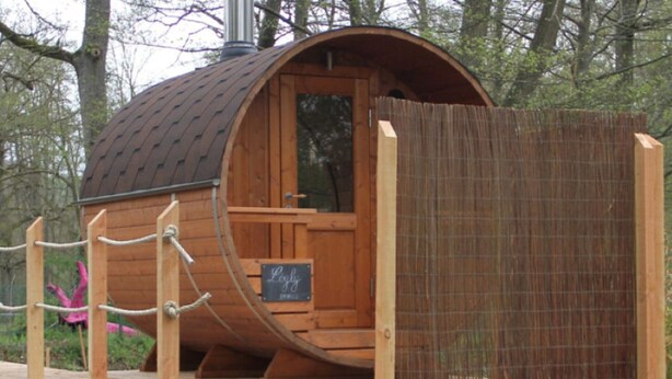 A wooden cabin with a curved roof, a wooden deck, and a sign that reads 'Loyalty.'