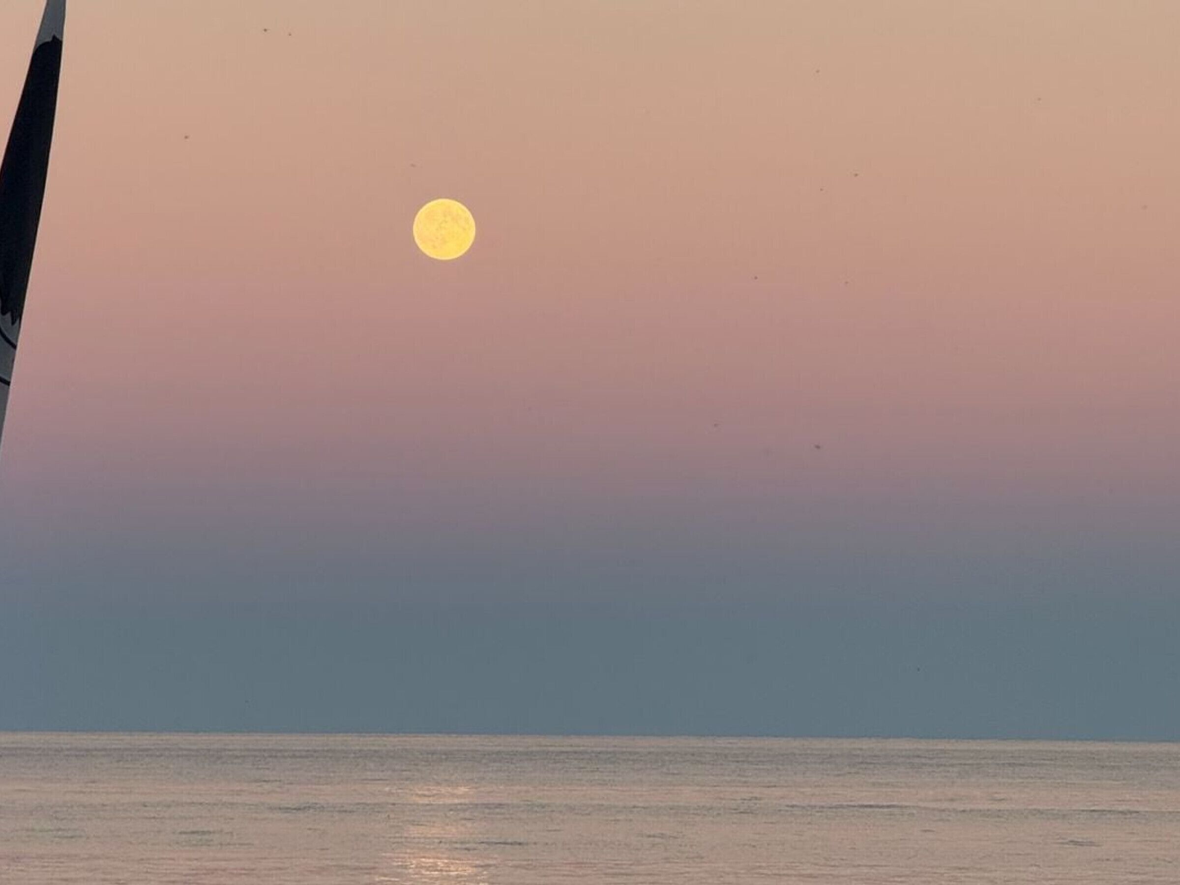 Mar tranquila bajo un cielo despejado con una luna visible.