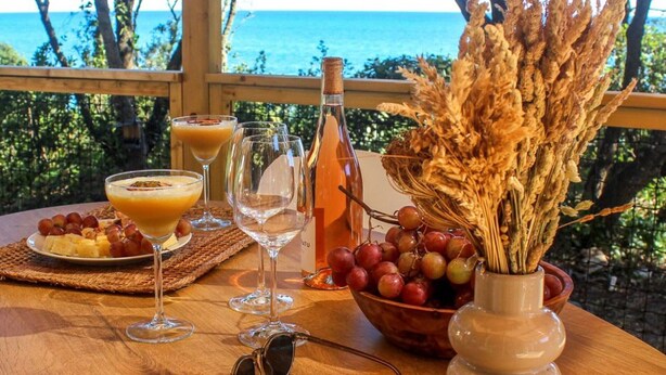 Una mesa con una botella, copas, un cuenco de uvas y un plato de comida, con vista al mar.