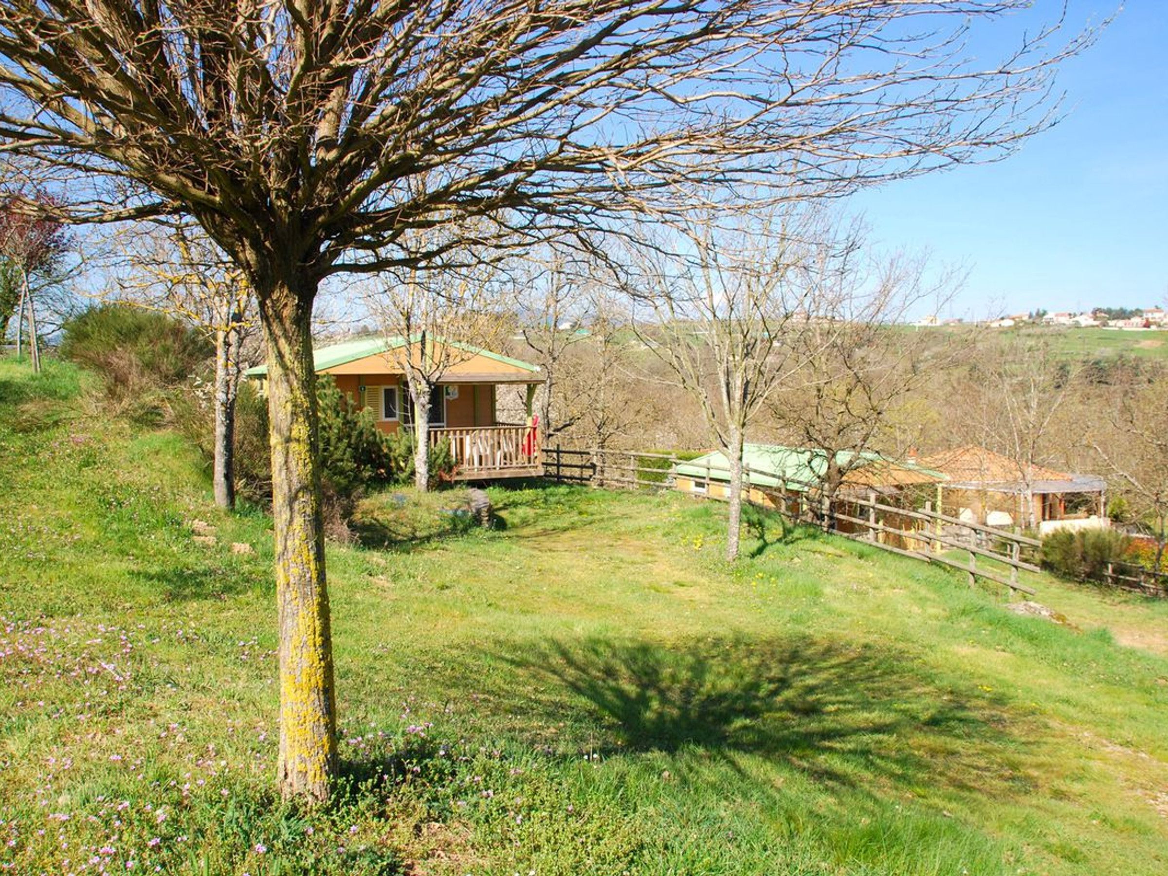 Une maison dotée d’un porche, entourée d’une pelouse et d’arbres.