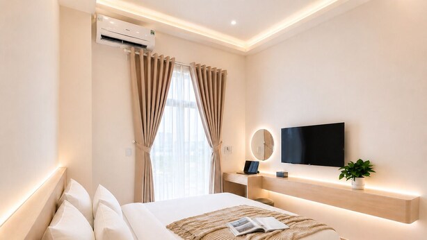 Une chambre d’hôtel moderne équipée d’un lit, d’une télévision, d’une table de chevet et d’une fenêtre avec des rideaux.