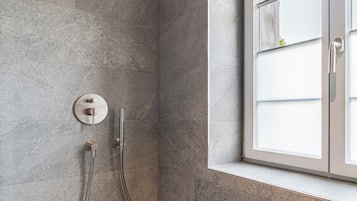 Douche, séchoir à cheveux, serviettes fournies, savon