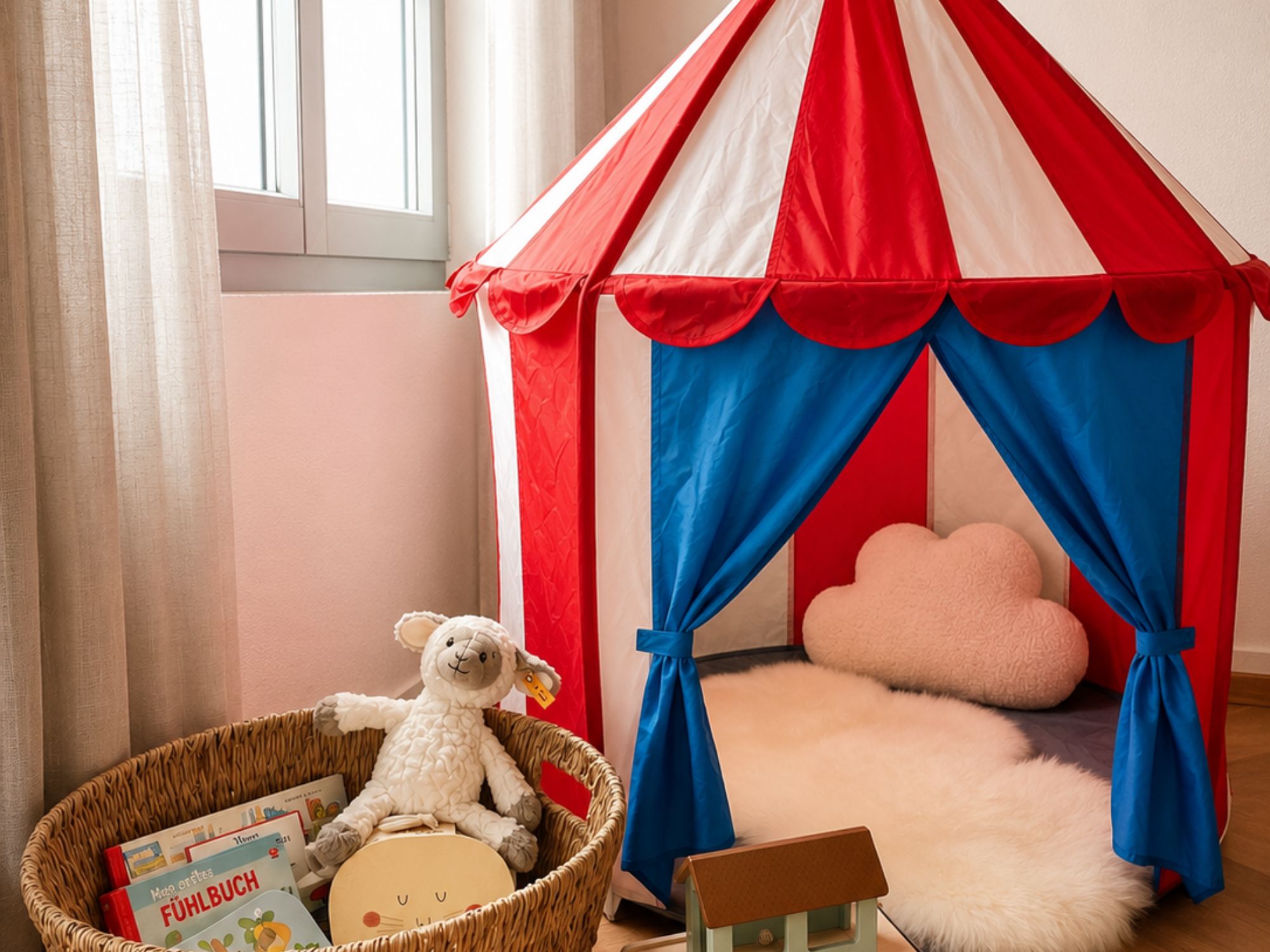 Une tente de jeu pour enfants, avec un tissu rayé rouge et blanc et des rideaux bleus, un jouet en peluche, un panier rempli de livres et une petite chaise en bois.