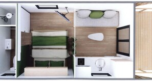 A modern, compact room with a bed, a small desk, a mirror, and a window. - Mobile home - 2 guests (Sauxillanges)