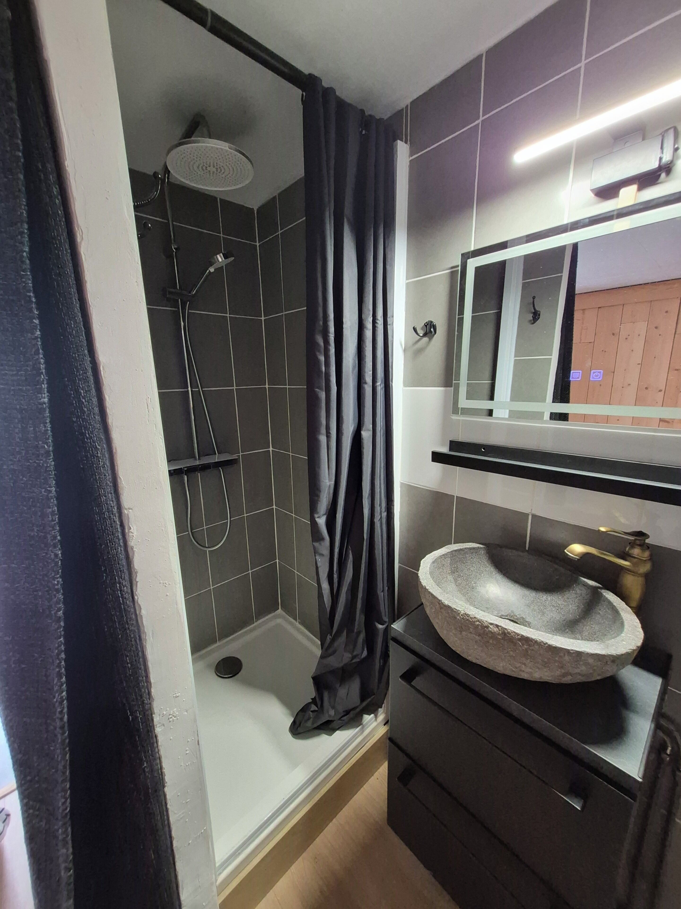 Shower, hair dryer, soap, toilet paper