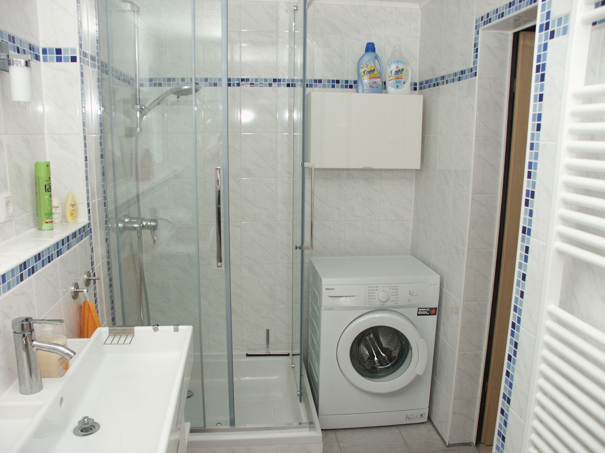 Hair dryer, towels, soap, toilet paper