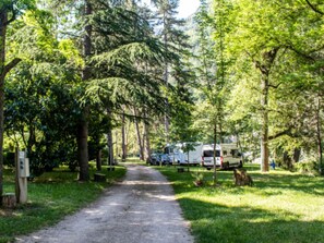 Ein bewaldeter Campingplatz mit Kiesweg, Wohnmobilen und Picknicktischen.