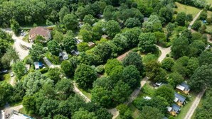 Vista aérea de una zona residencial con varias casas rodeadas de abundante vegetación. Se observa un área de piscina a la izquierda.