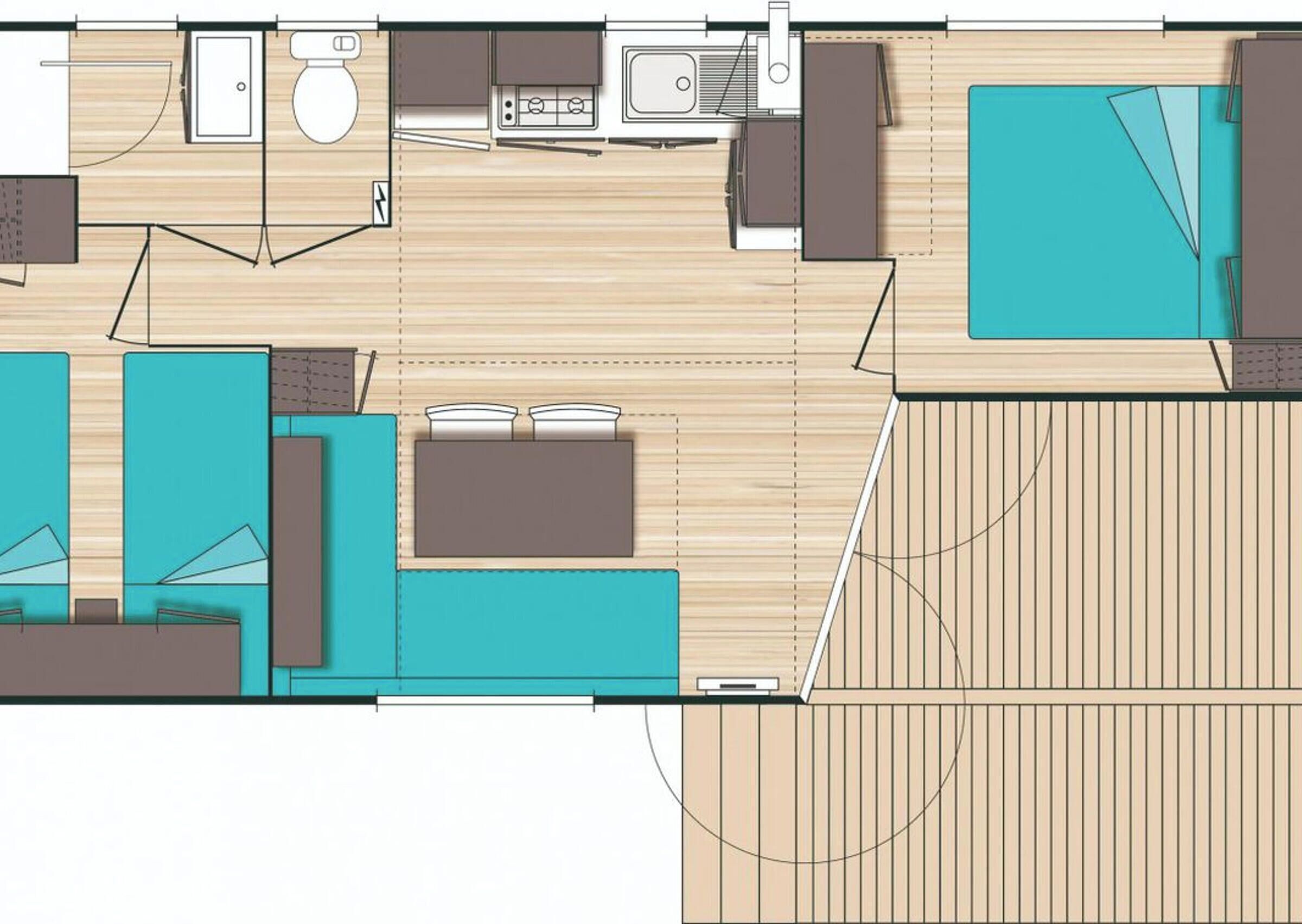 Grundriss eines Hotelzimmers mit Küchenzeile, Bad, einer Sitzecke und einem großen Fenster.
